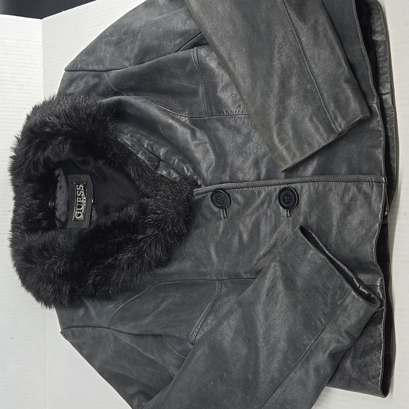 GUESS Black Faux Fur Collar Leather Jacket M - Picture 2 of 12